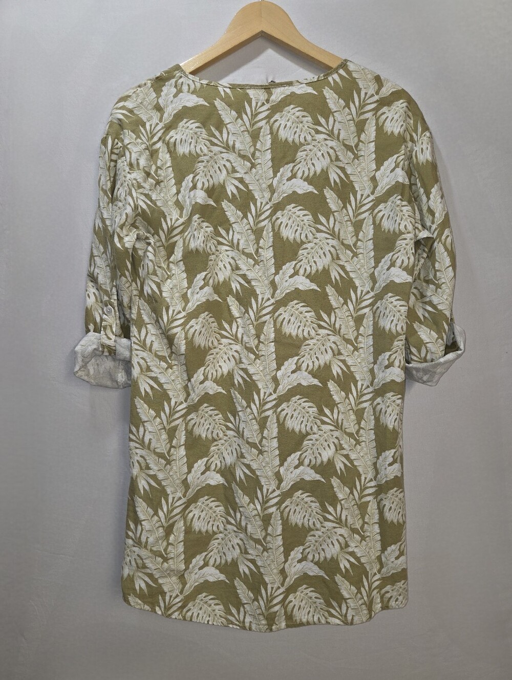 Linen Blend Tropical Tunic Euro Sz 36 Button Up Sleeve Split V Neck Cream - Picture 6 of 11